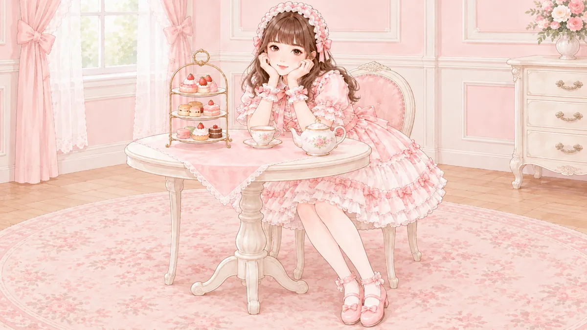 フリルのついたロリータ服で、お茶をしているところ