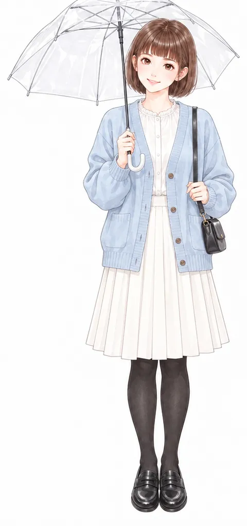水色のカーディガンに、白いひざ下丈のスカート、黒いタイツ。かさを持っている