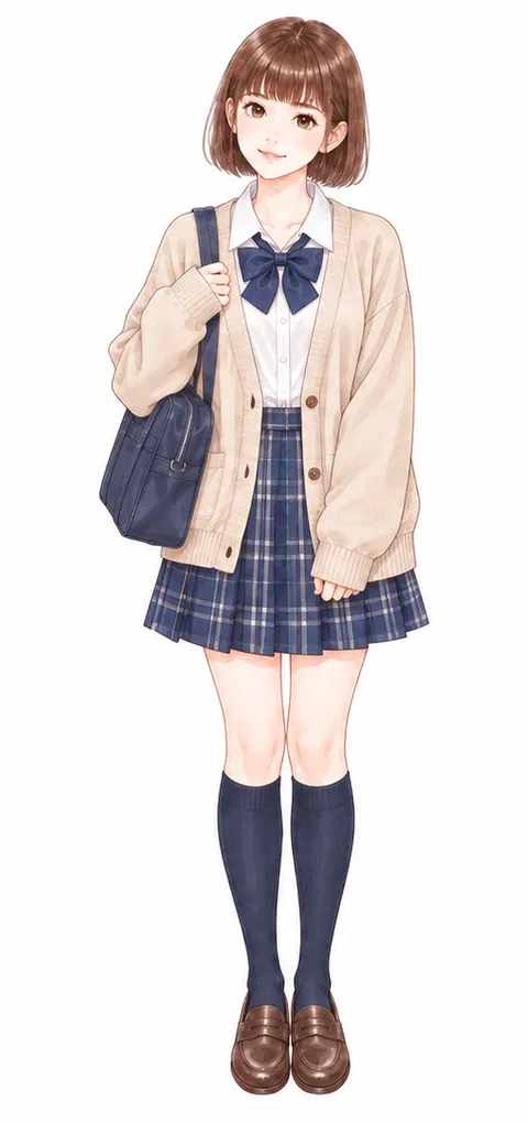 カーディガンとチェックのスカートを合わせた、制服風のコーデ