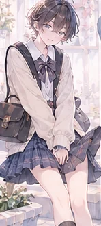 カーディガンとチェックのスカートを合わせた、制服風のコーデ
