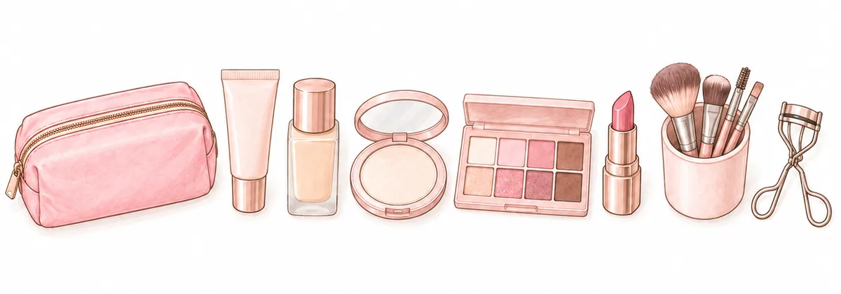 メイクポーチ、ファンデーション、パウダー、アイシャドウ、口紅、ブラシ、ビューラーを並べた絵
