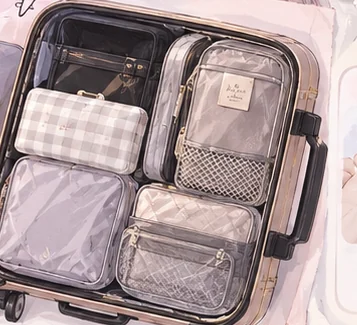 服や小物をポーチに分けて詰めたスーツケース
