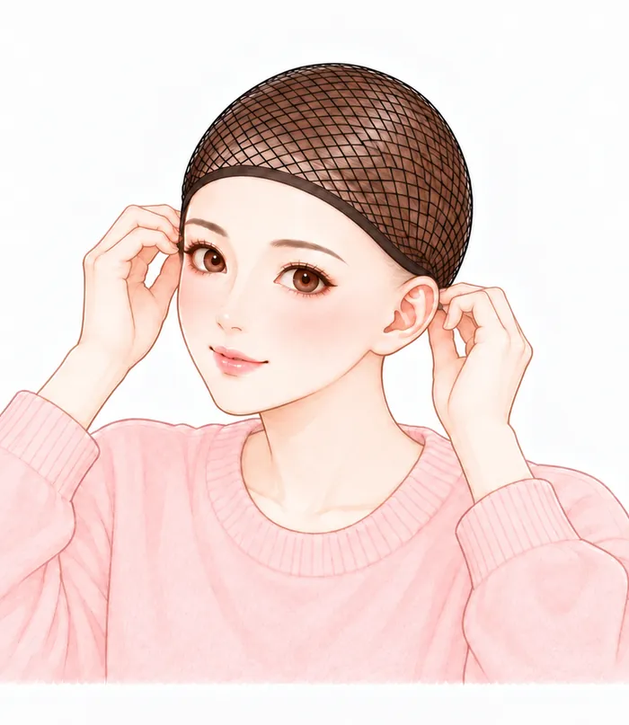 ②ネットをかぶり、ウィッグを前から後ろへ